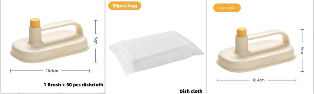 Disposable cleaning brush with plastic handle, 50 white non-woven pads and storage box