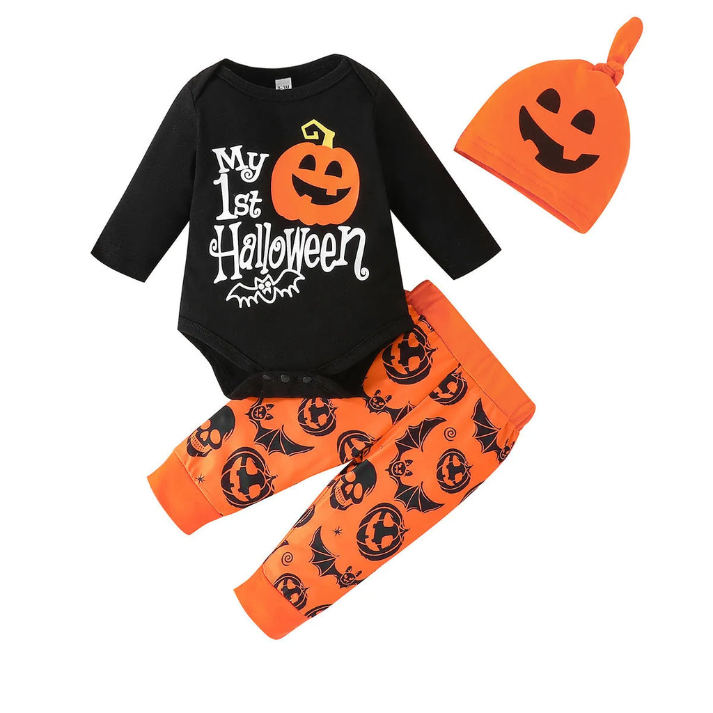 Baby Halloween letter print long-sleeve jumpsuit set with pumpkin trousers and removable hood hat on light background