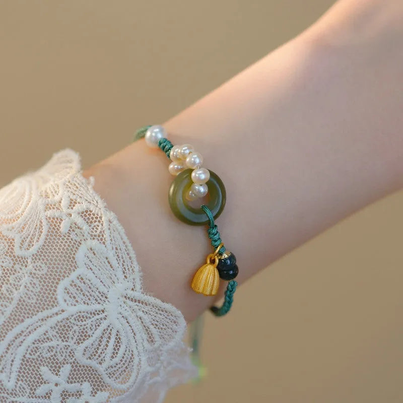 Hand-woven flexible wire watch bracelet with pearl peace buckle closure in retro style