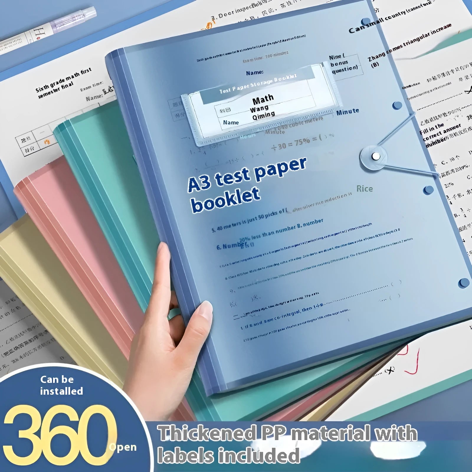A3 multi-layer test paper storage bag in translucent blue colour with 40 page capacity on a clean background