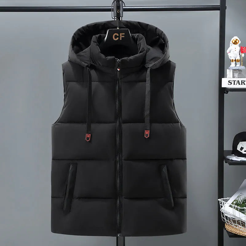 Men's black thickened polyester vest with removable cap and slant pocket