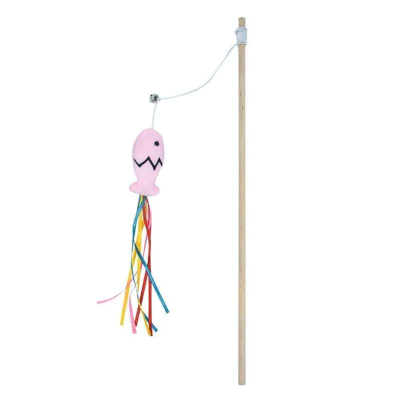 Cat wand toy with wooden handle, elastic rope, catnip fish, colourful ribbons, and bell