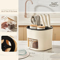 White rotating kitchen storage bucket and four-compartment spice box organiser for cutlery and seasonings.