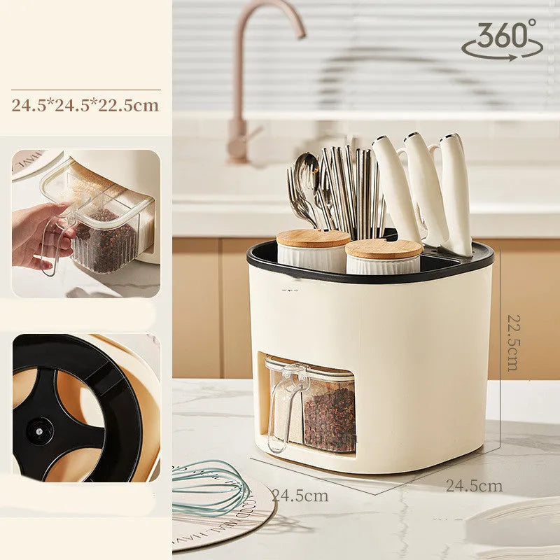 White rotating kitchen storage bucket and four-compartment spice box organiser for cutlery and seasonings.