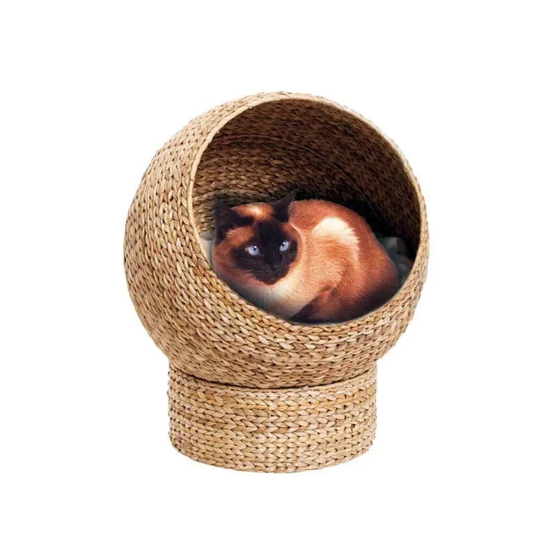 Brown woven rattan cat nest pet bed on floor with compact 50 x 57 cm size