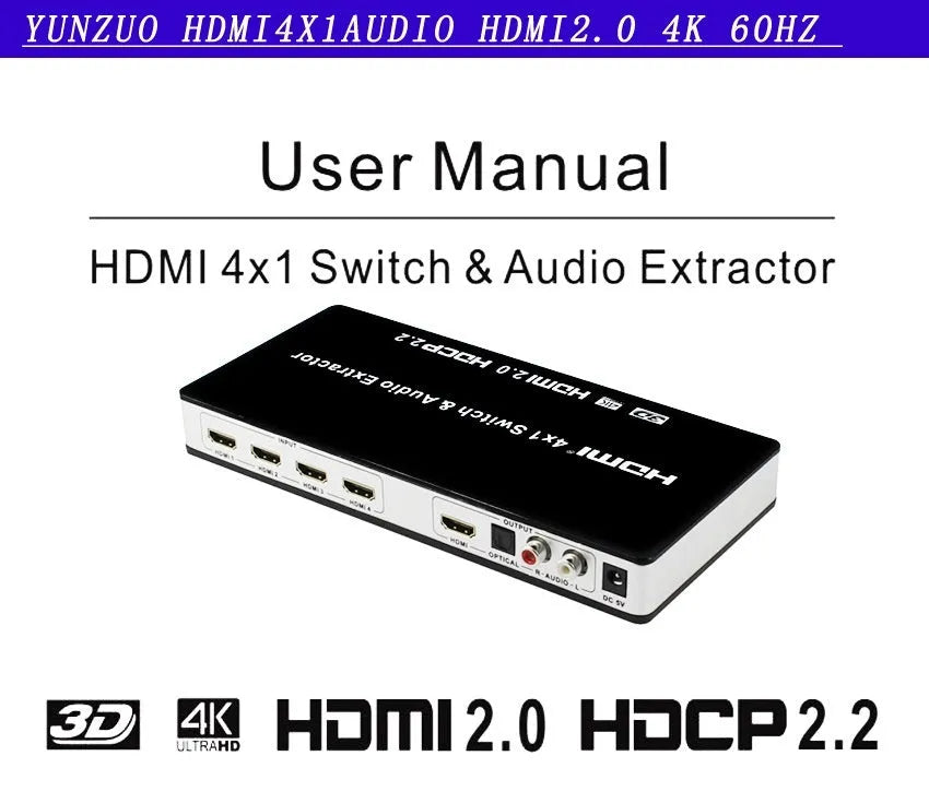 Black HDMI video switch with four input ports, remote control, and 10-metre cable for audio-visual setups