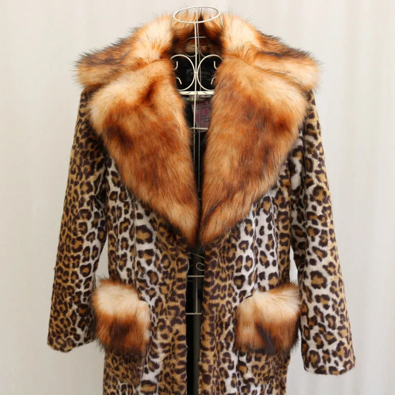 Women's long leopard print artificial fur jacket on a hanger.