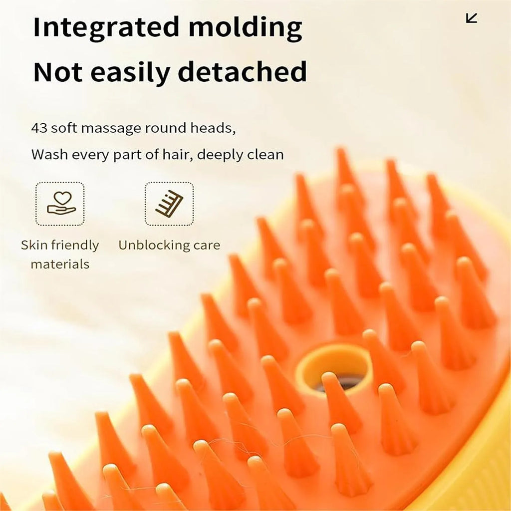 Rechargeable cat steam grooming brush in green or yellow with silicone teeth