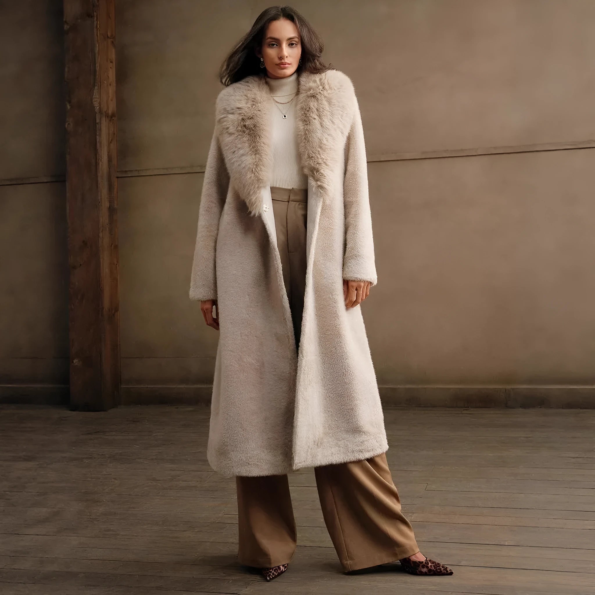 Women's long faux fur coat in wine red colour with extended 100cm length