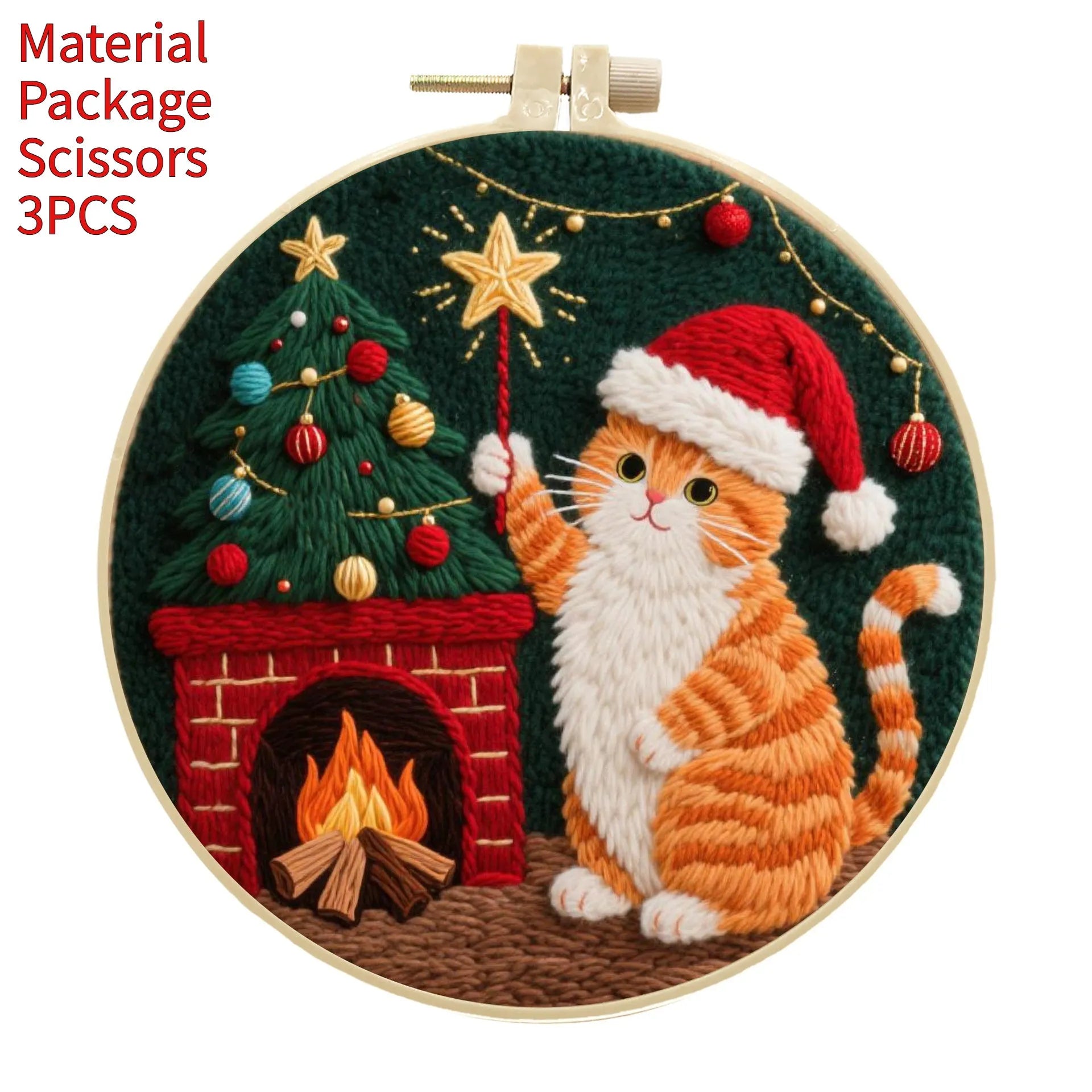 Cat-themed DIY embroidery kit showing Autumn Fruit pattern on cotton linen fabric with optional bamboo frame and scissors.