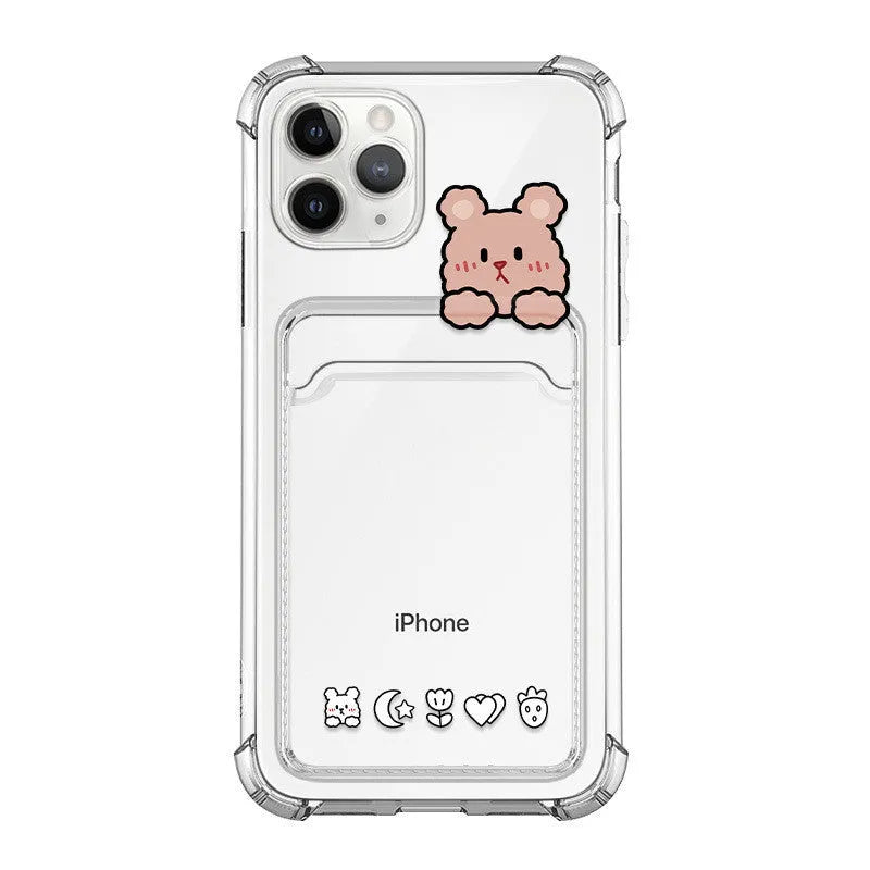 Transparent cartoon card holder phone case for Apple iPhone on a table.