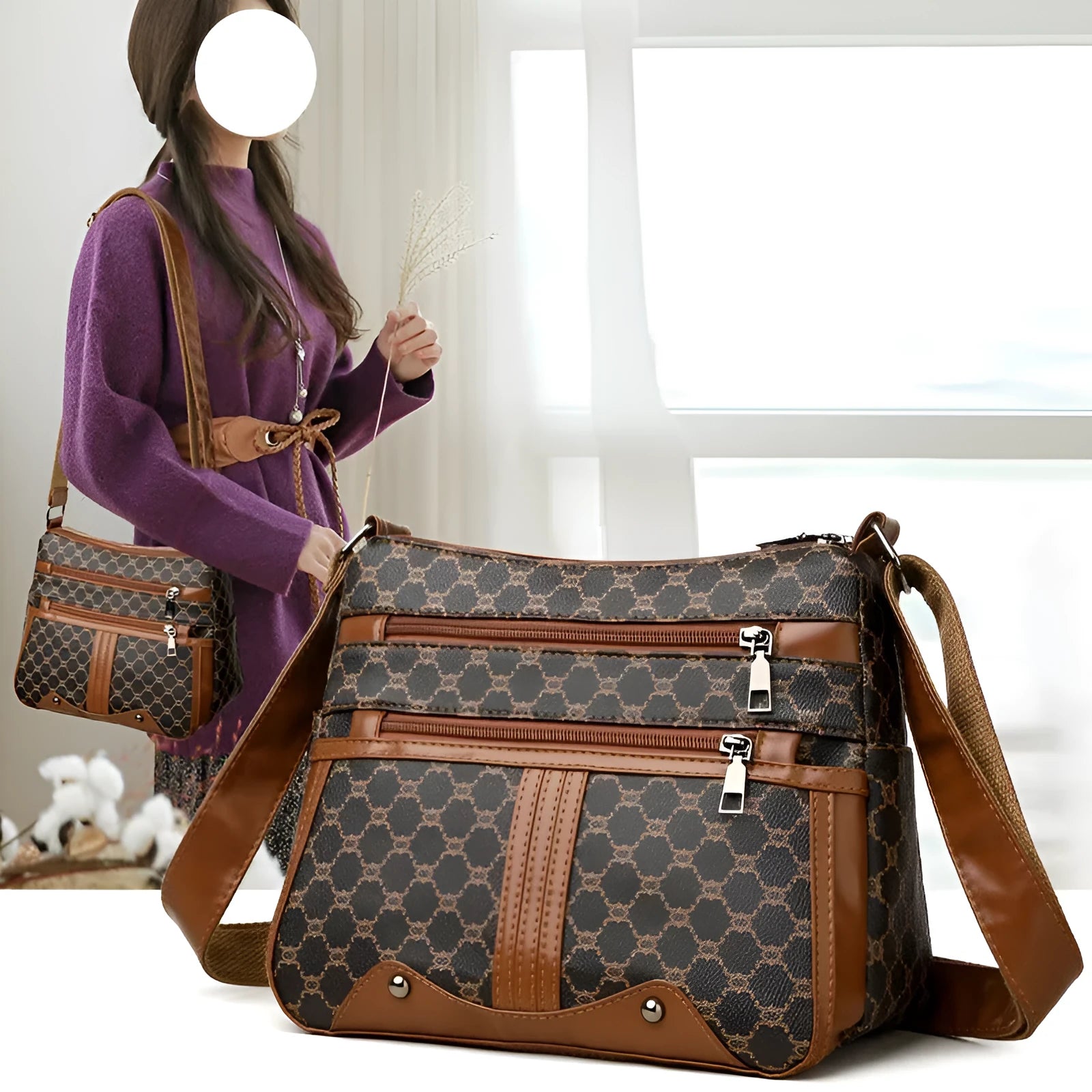 Brown stitching pattern women's crossbody bag made from PU leather with an adjustable strap.
