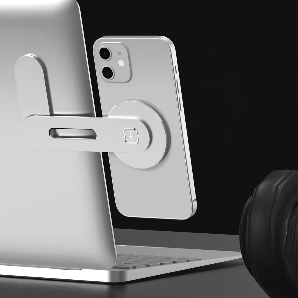Aluminium magnetic laptop expansion bracket in silver colour for Apple MacBook desktop organisation