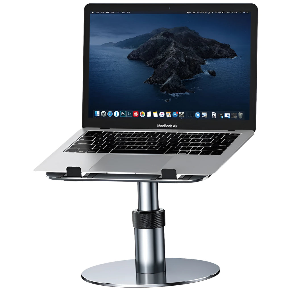 Silver aluminium car laptop stand with adjustable height and rotating base