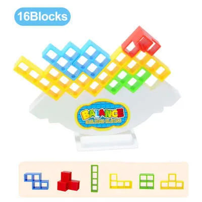 Plastic balance stacking board game with coloured building blocks on chassis for kids and adults
