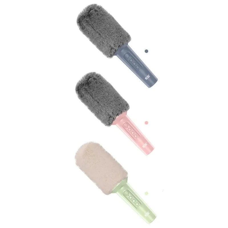 Wireless Bluetooth karaoke microphone in pink, blue, or green colours with USB charging port