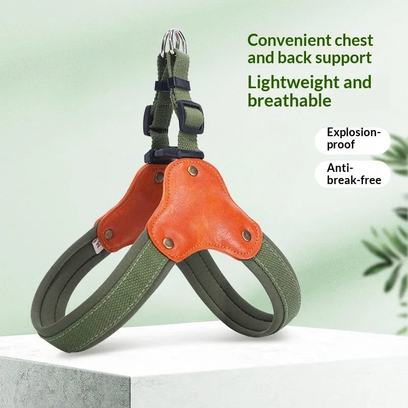 Y-shaped anti-escape dog harness in military green polyester with adjustable straps for small to large dogs