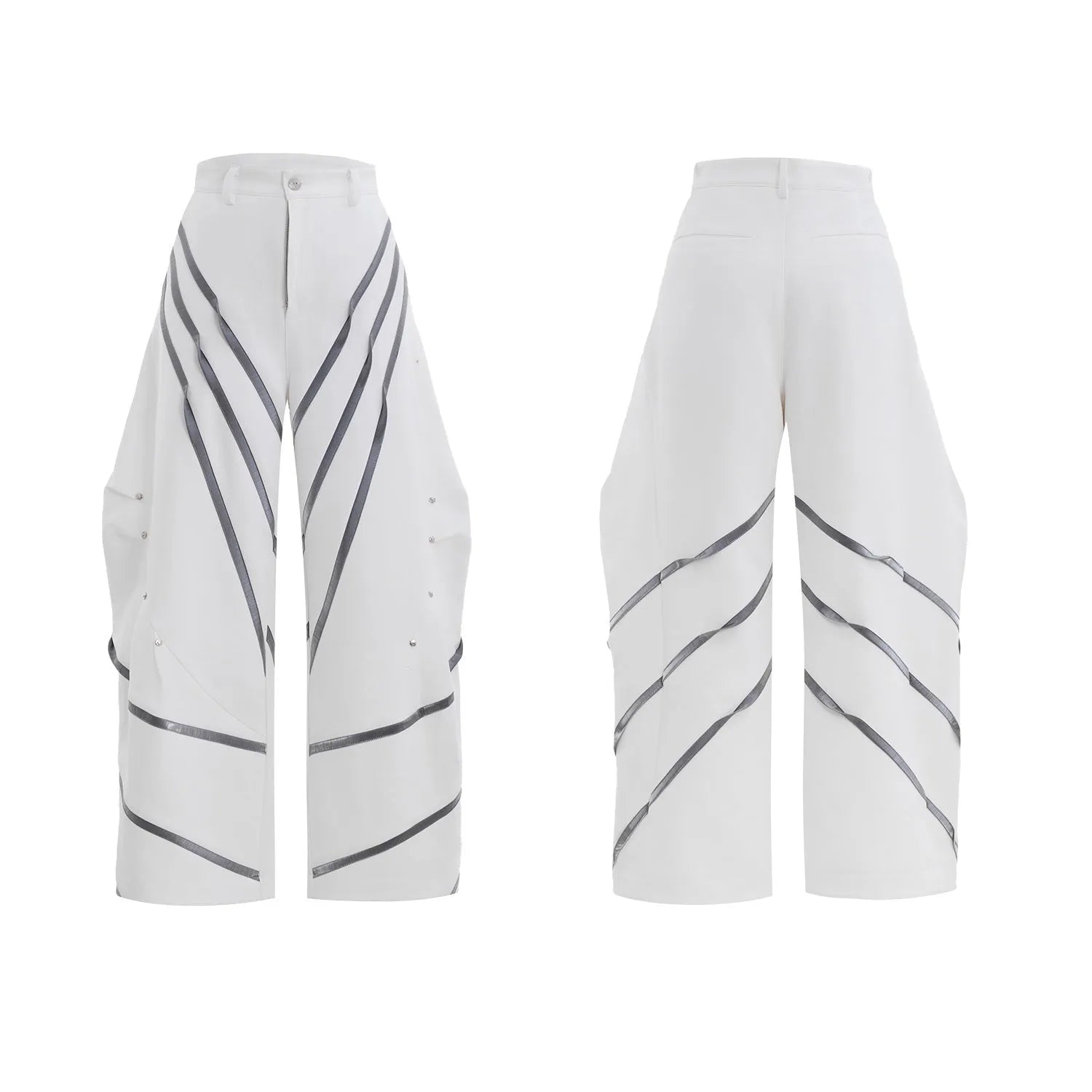 Men's black polyester trousers with metal striped rivet pleats and three-dimensional tailoring.