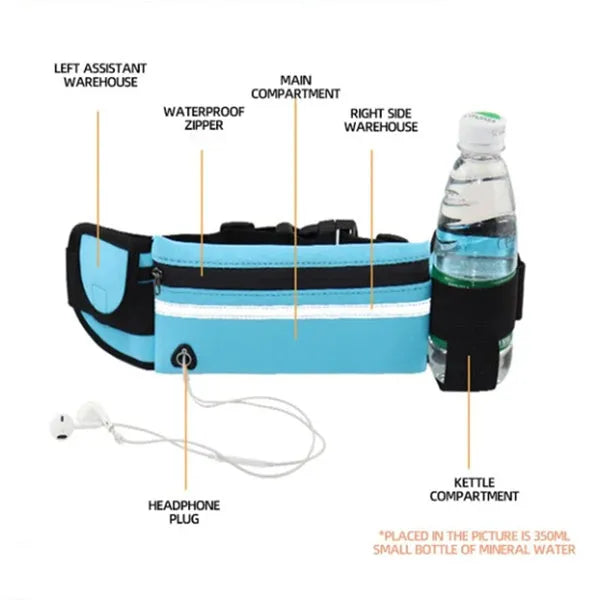Nylon fitness waist bag in solid colour with zip pocket, size 20x10cm, on waist belt for running