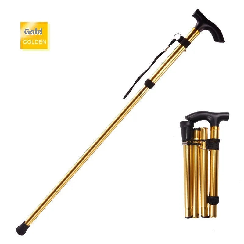 Adjustable aluminium folding walking cane in black with non-slip handle, shown extended and folded.