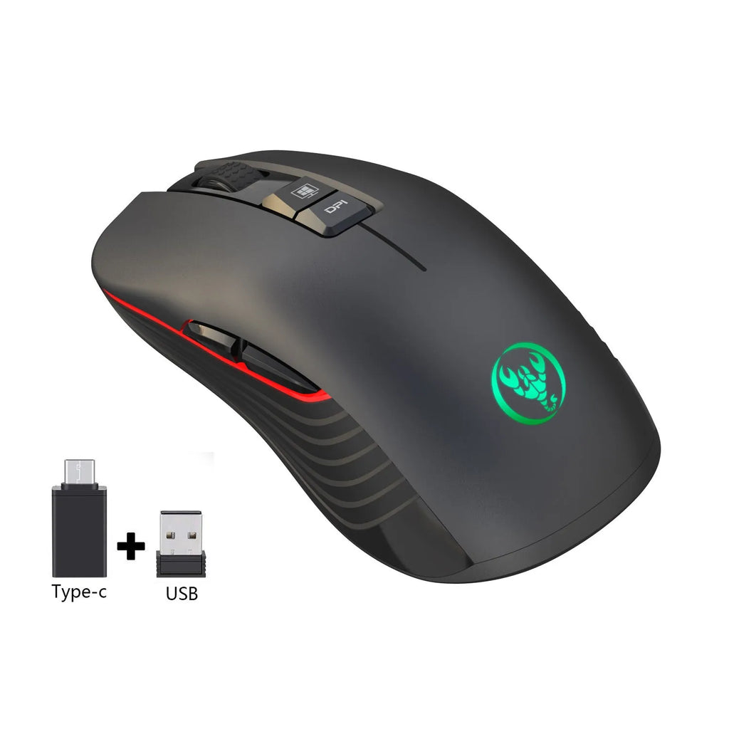 Black ergonomic wireless gaming mouse with RGB lighting and seven buttons on desk