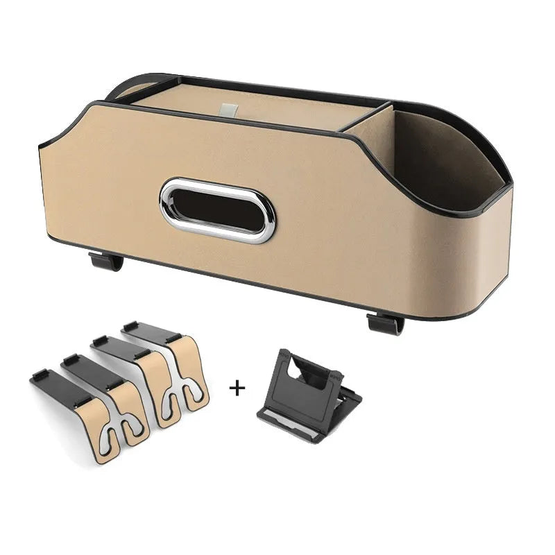 Genuine leather multifunctional car tissue box and cup holder organiser in beige colour.