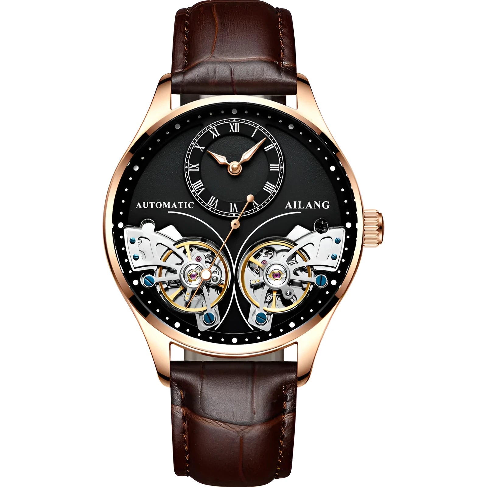 Automatic men's watch with tourbillon and moon phase on a round black dial in a titanium case.