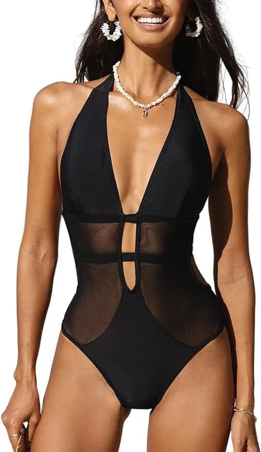 Women's black V-neck mesh one-piece swimsuit for swimming sports