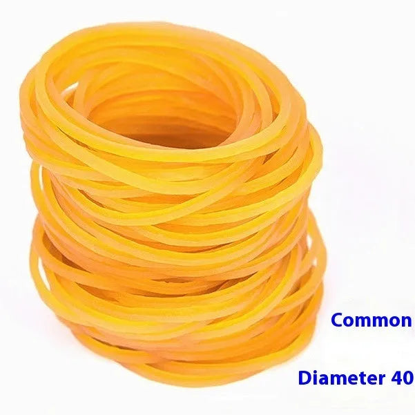500g pack of mixed diameter yellow rubber bands showing 16mm to 70mm sizes