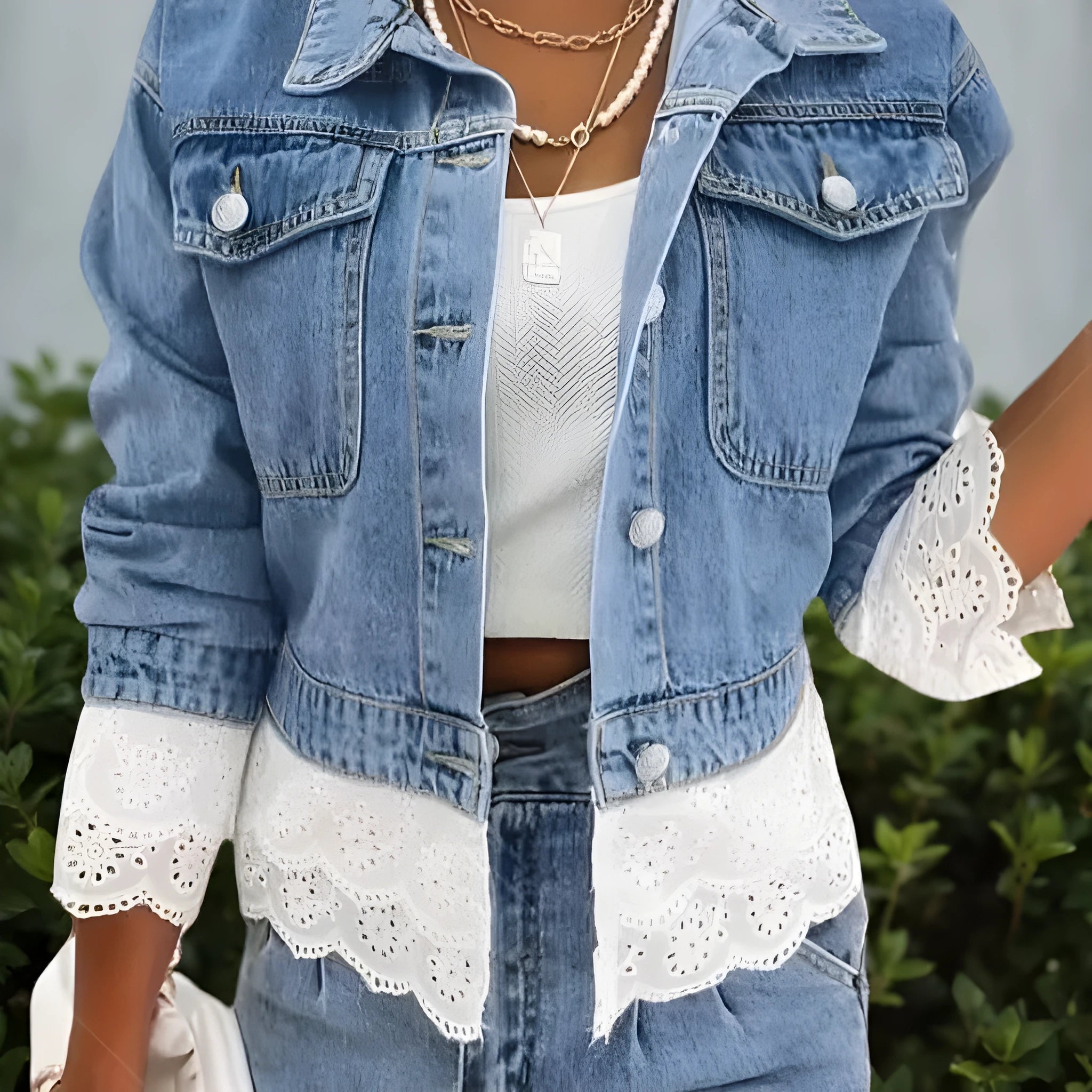 Blue denim jacket for women with lace stitching detail on the front, long sleeves.
