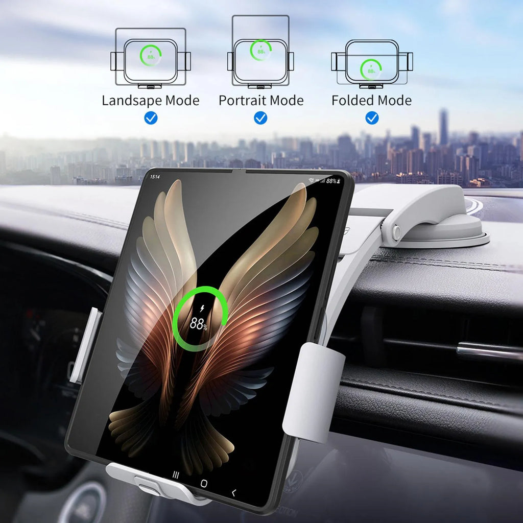 Grey wireless charging car phone holder with folding screen, showing air vent clip, suction cup, and disc mounts.
