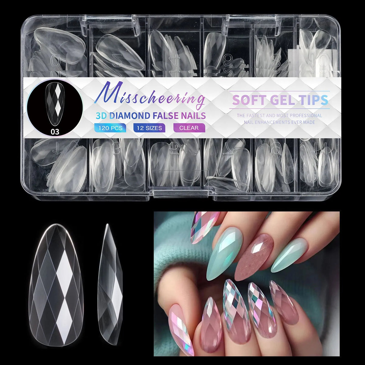 3D diamond wear long shaping artificial nail tips in twelve different colour options