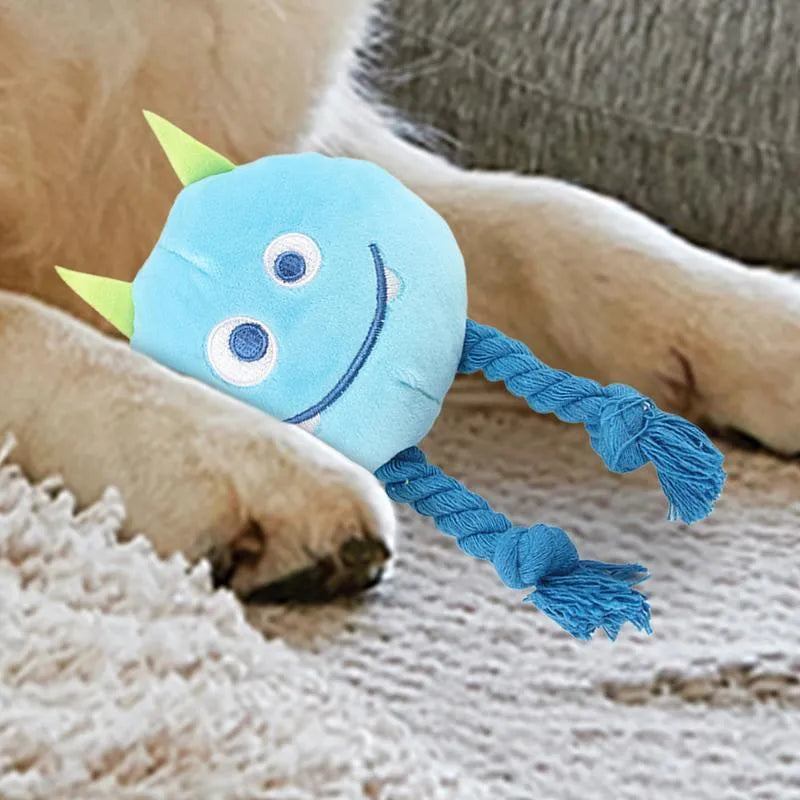 Yellow and blue knotted rope dog squeaky toy with cotton construction