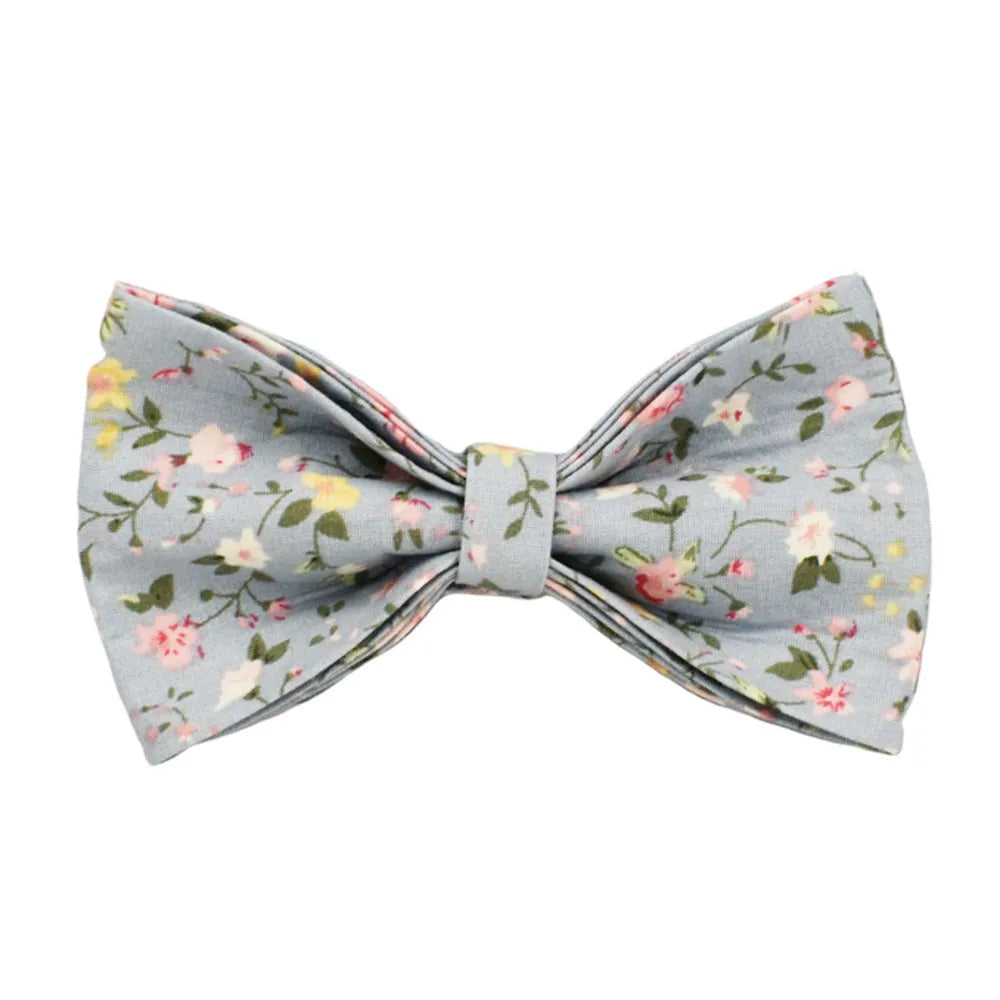 Blue floral pattern dog collar set with matching leash, vest, bow and accessories for small dogs