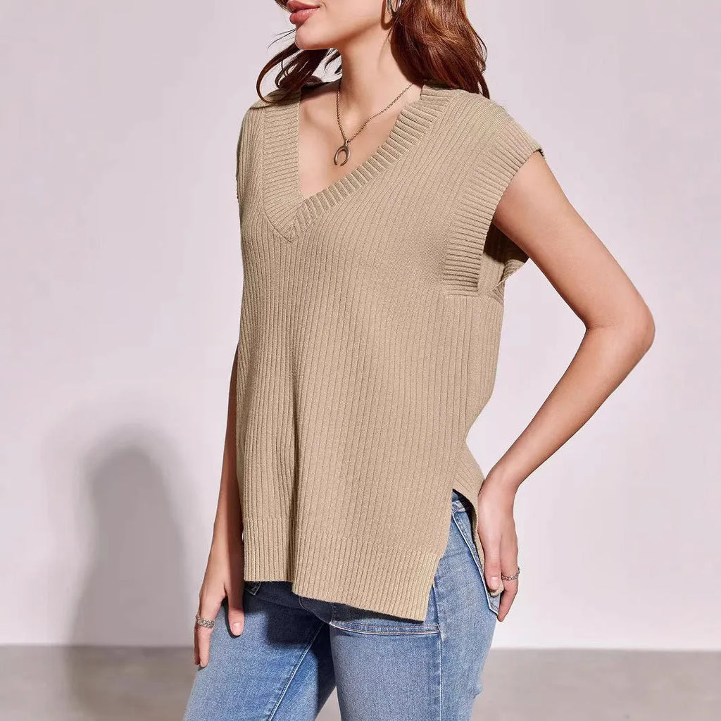 Women's v-neck sleeveless loose vest in camel colour with folding design details