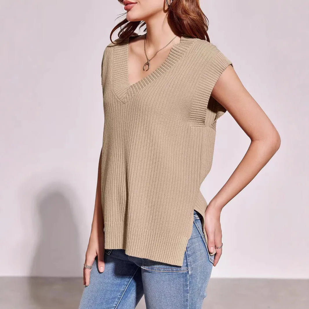 Women's v-neck sleeveless loose vest in camel colour with folding design details