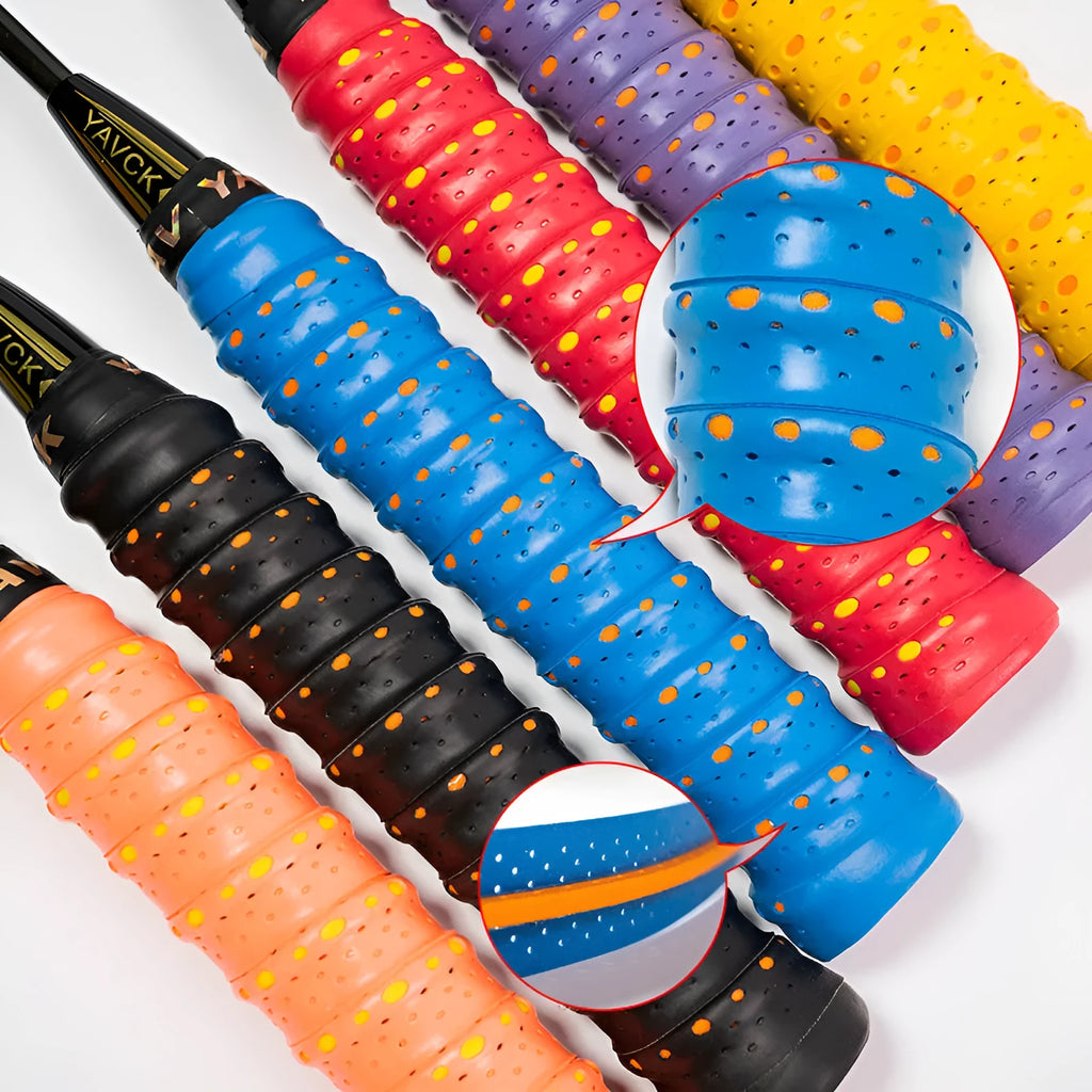 PU sports grip sweatband in various colours, shown wrapped around a tennis racket handle.