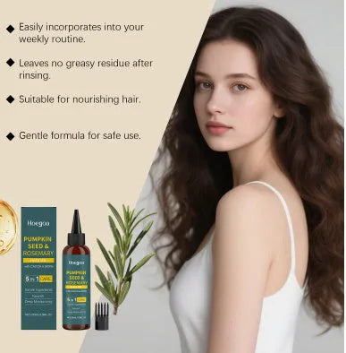100 ml bottle of rosemary hair care essential oil with pointed applicator and hair comb on a white background.