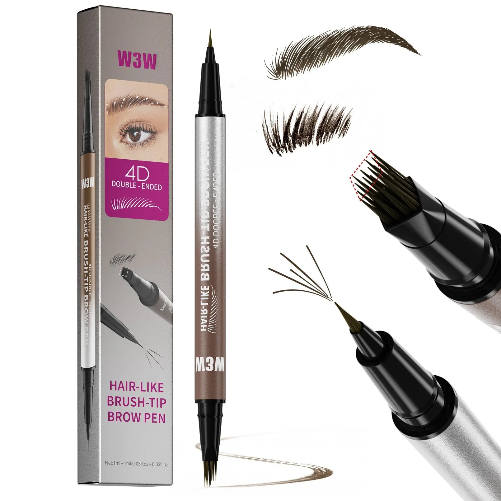 Waterproof sweat-proof smudge-proof double-ended eyebrow pencil with powder sponge in black colour