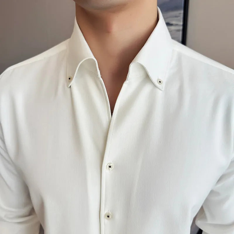 Men's slim fit long-sleeved denim shirt in cardigan style, available in black, blue and white colours