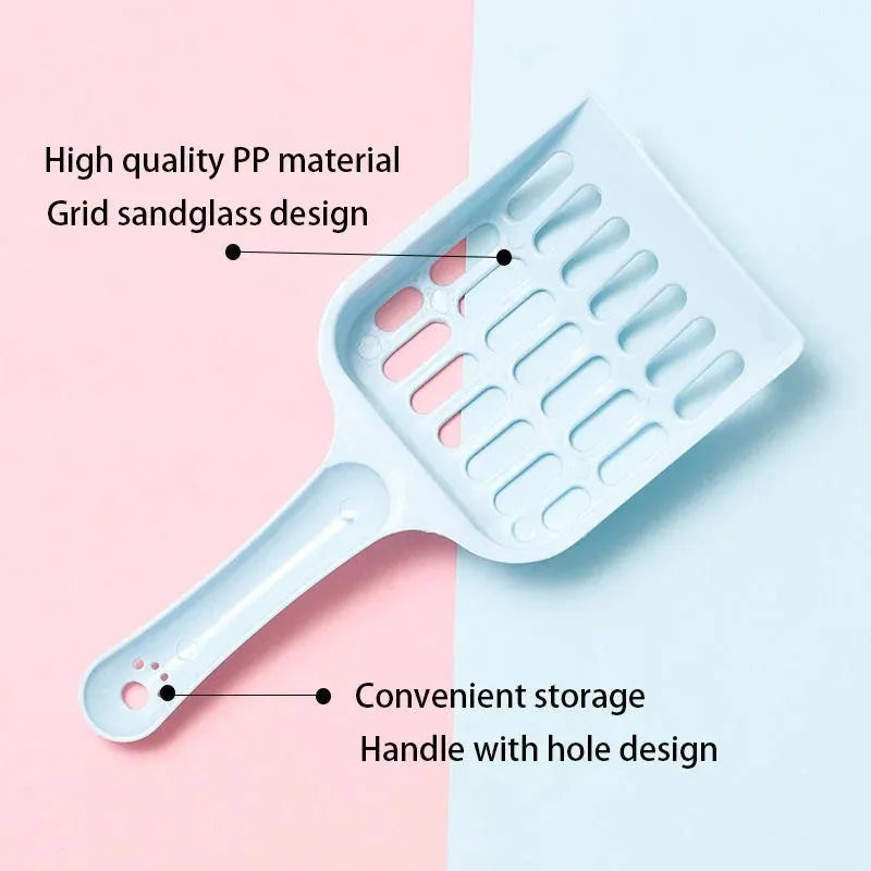 Plastic cat litter scoop in blue, green or pink colours showing 20cm length and litter sifting design