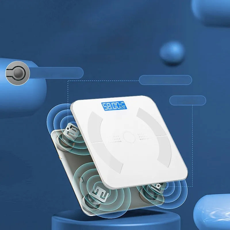 Smart Bluetooth body fat scale in white, black or pink colours with display showing body composition metrics