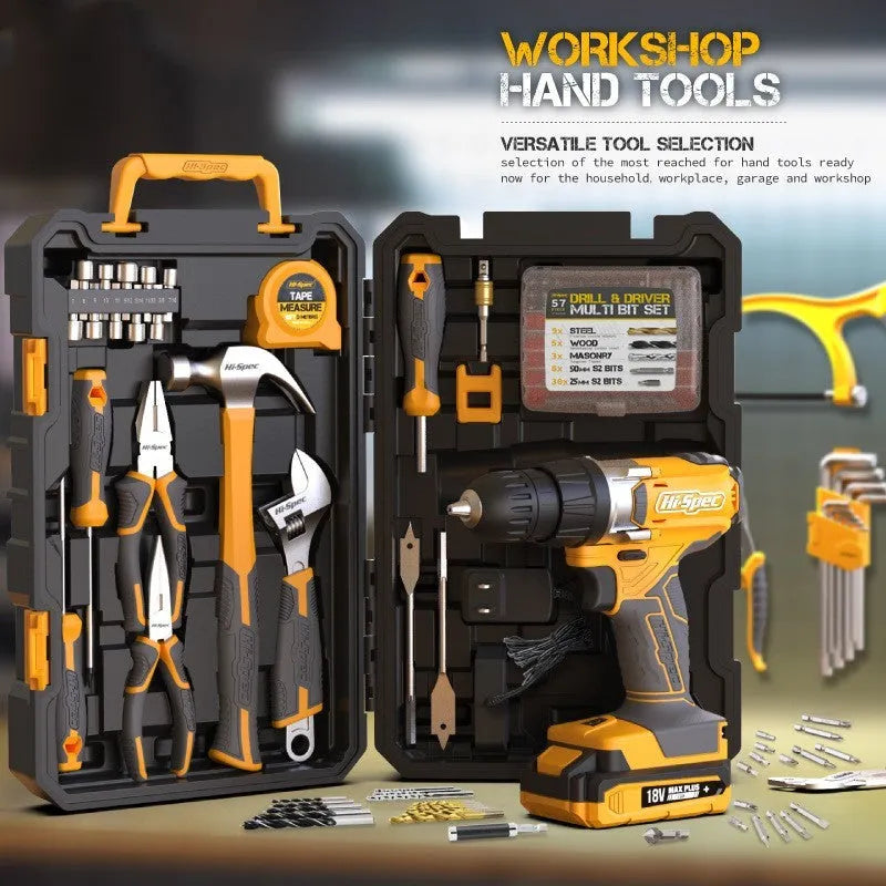 Grey yellow US-style toolbox open to show 82-piece chrome-vanadium steel home repair tool set.