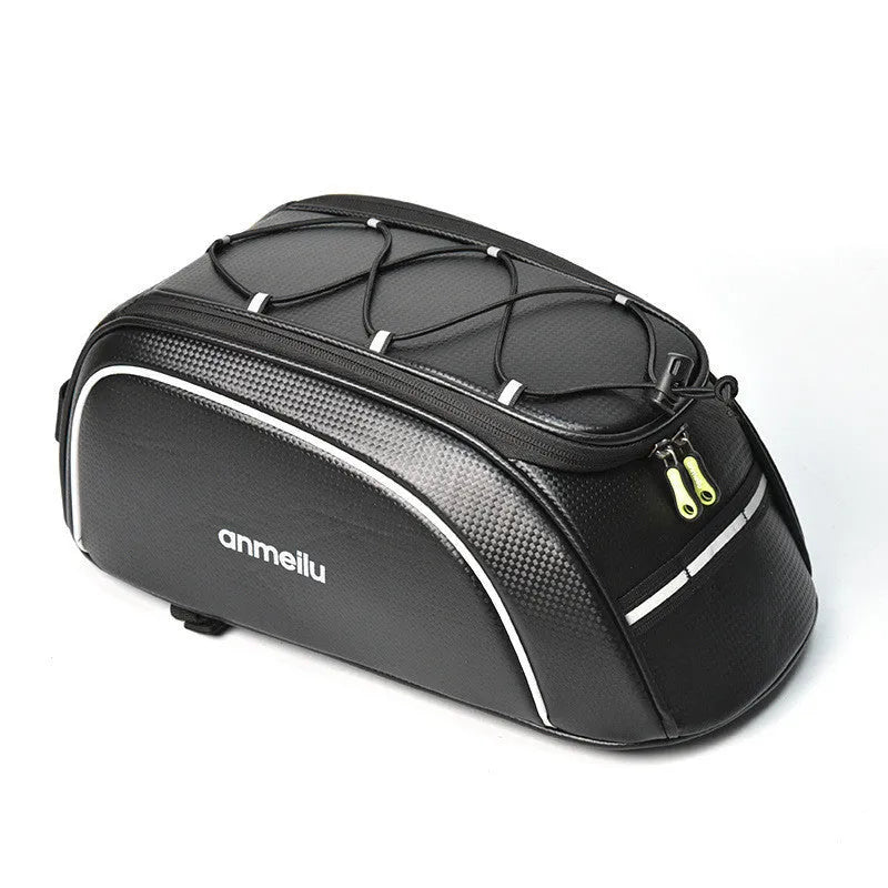 Black waterproof PU leather bicycle rack bag mounted on a bike rear rack, showing its 8-litre capacity.