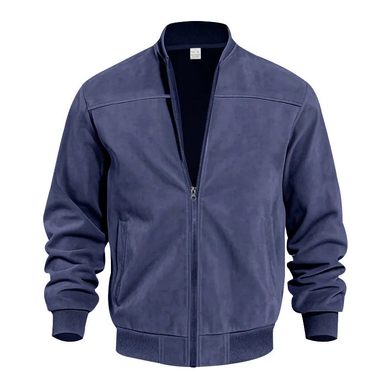 Men's army green suede casual jacket with a front zipper, shown on a model.