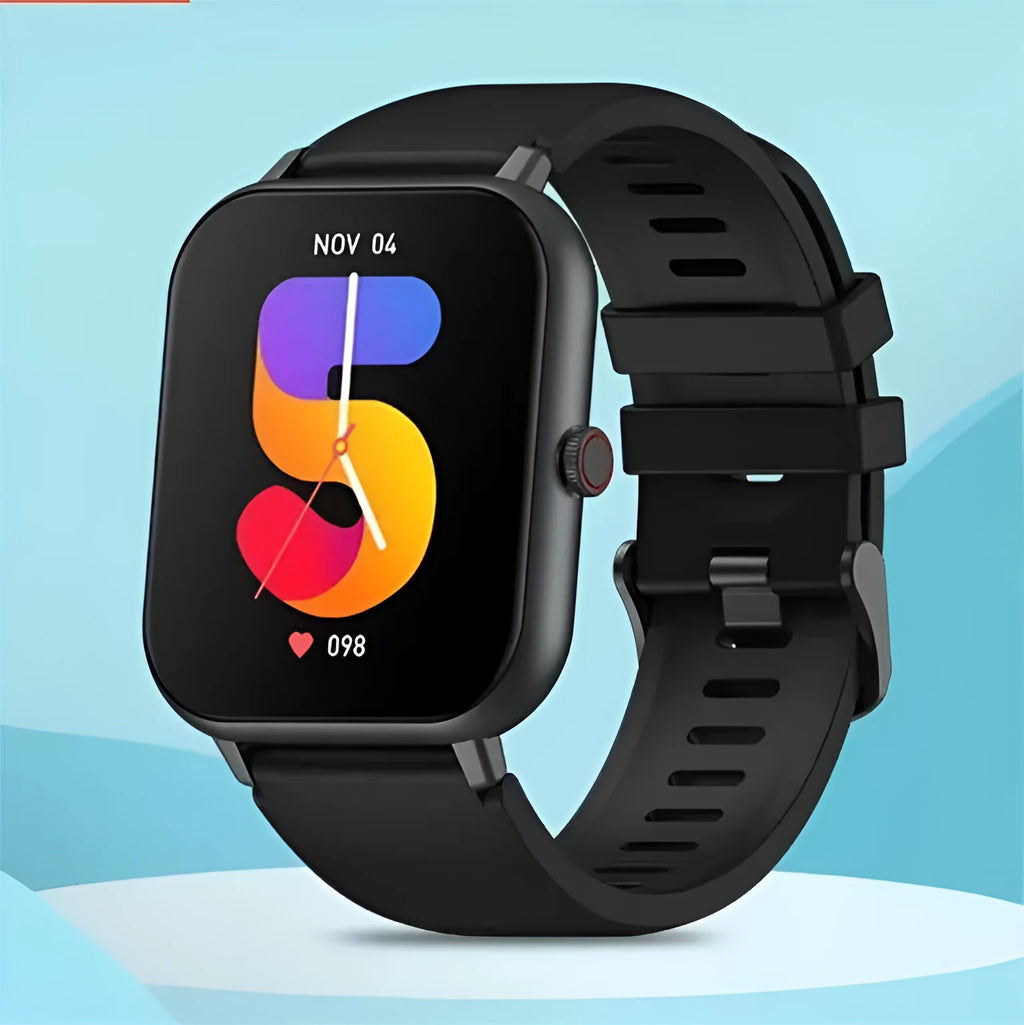 Bluetooth smart watch with touch screen displayed in black, silver grey, pink, and khaki colour options.