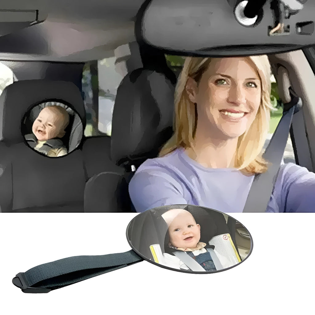Black ABS car baby rearview mirror with 17cm diameter and adjustable ribbon straps for child observation