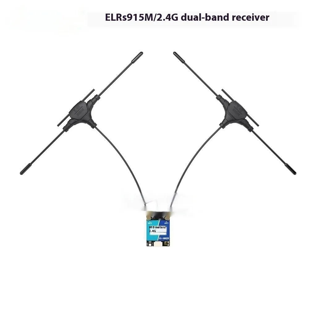 FPV dual-frequency ELRS receiver base station with T-shaped antennas and installation accessories.