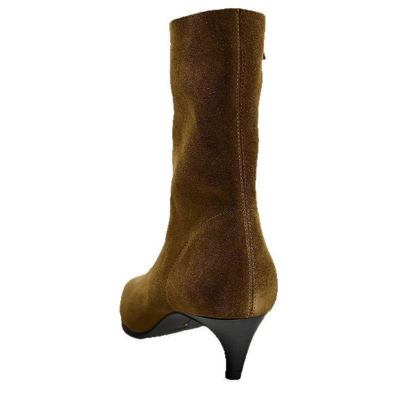 Brown square toe ankle boot with side zipper and a low kitten heel on a waterproof platform sole.