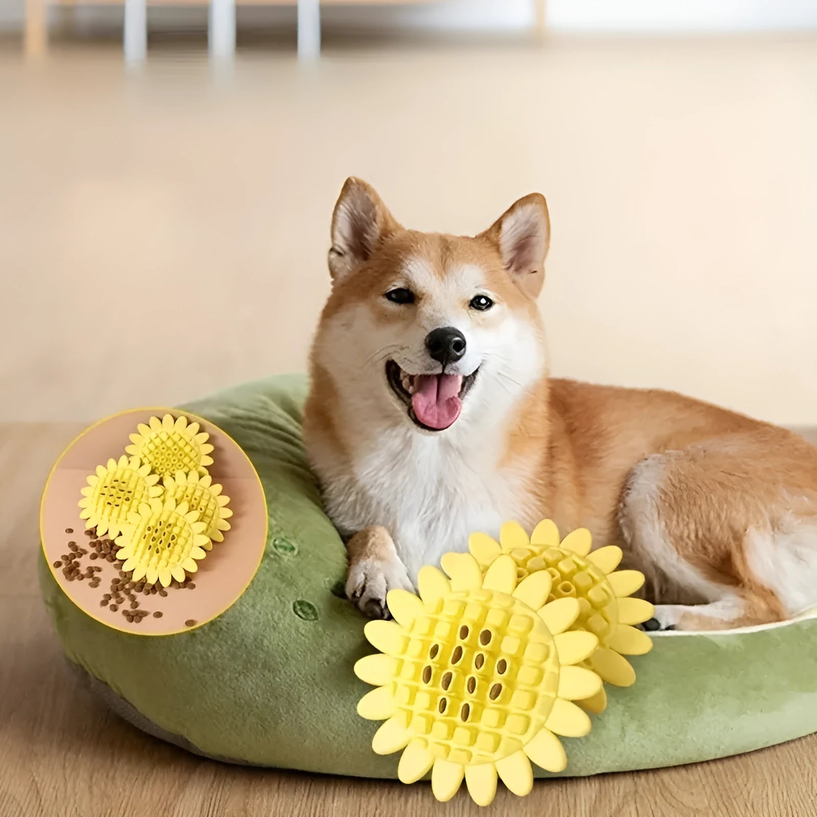 Yellow rubber sunflower-shaped dog toy for teething puppies and chewing play